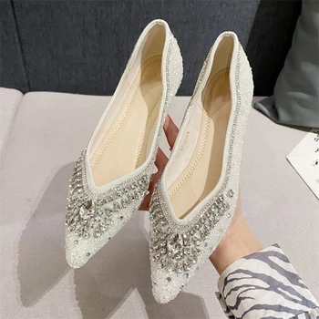 Új dizájn CRYSTAL hegyes lábujj Kényelem Slip-On Női lapos naplopók Puha talpú tánc Egyszemélyes öszvérek Női cipők Zapatos Mujer